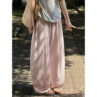 粉色气球亚麻阔腿裤女夏薄款宽松天丝莱赛尔裤子小个子棉麻弯刀裤
