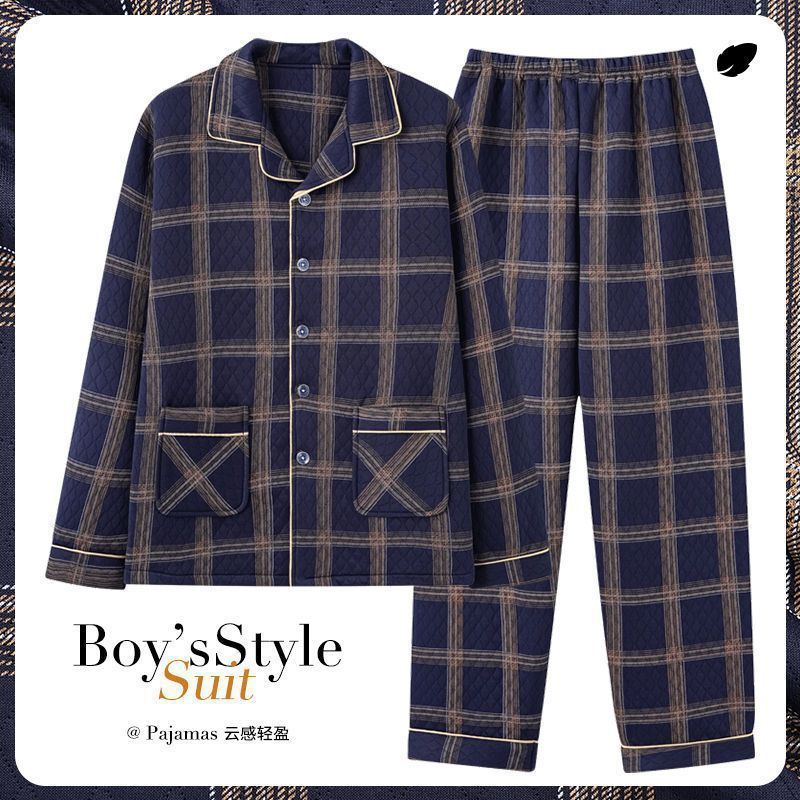 Pijamas para hombre otoño e invierno engrosamiento papá de mediana edad primavera y otoño traje de servicio a domicilio sándwich de algodón de aire de manga larga