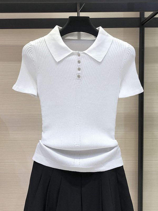 Áo polo nữ dệt kim lụa băng cổ bẻ tay ngắn — Màu đen