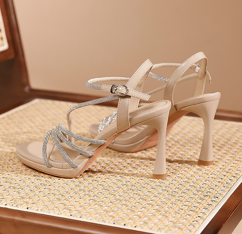 Sandal cao gót nữ mũi nhọn quai ngang đính đá, gót 9 cm, đế platform — Màu nude-9cm chi tiết 9