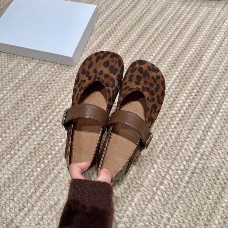 Retro leopardo Bockens zapatos de cabeza de mango simple botón de mujer zapatos de ballet de otoño
