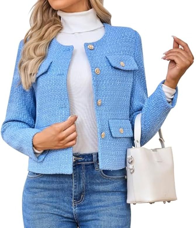Chaqueta Corta de Tweed de Poliéster con Cuello Redondo y Botones para Trabajo image 9