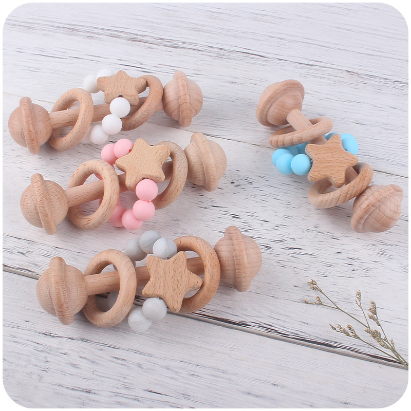 Creativo nuevo juguete para niños mordedor Beech bebé sonajero de mano cuentas de silicona bebé ejercicio interactivo mordedor palo