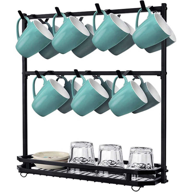 Soporte para tazas de café en stock, estante de hierro forjado sin taladro para tazas, estante de almacenamiento de tres niveles para tazas de té invertidas para cocina.