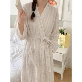 跨境专供外贸女士春秋新品韩版舒适 双层纱花朵睡袍家居服浴袍女