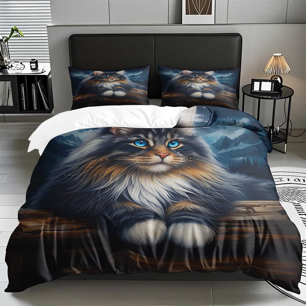 TEMU / JIT adorable gatito impresión digital suave set de colcha de edredón textil para el hogar se puede diseñar venta directa de fábrica