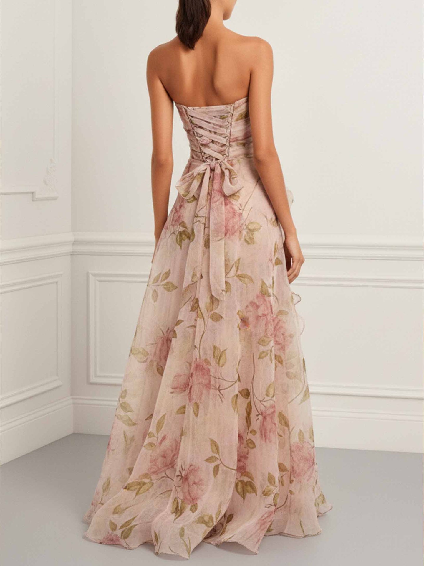 2026 European And American Cross-border Independent Site Party Elegant Ruched Strapless Printed Dress_ecoleips.com
