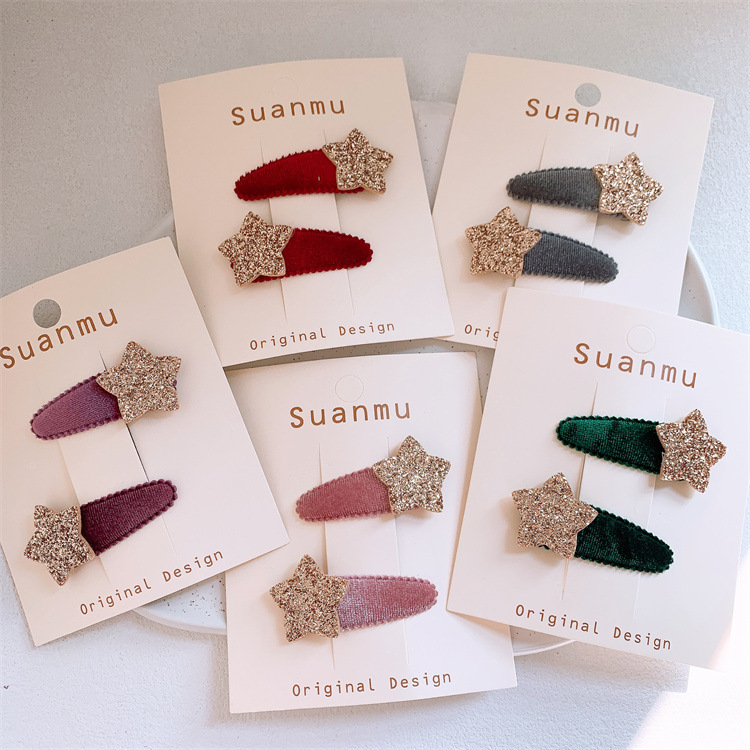 秋冬新款兒童毛絨布藝BB夾閃粉五角星星髮夾女童劉海碎發邊夾發卡