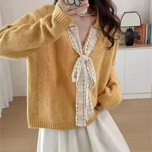 蔓蜜朵~韩版高级感蕾丝蝴蝶结系带毛衣女秋冬设计感温柔风气质翻