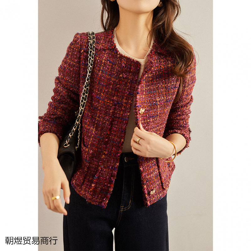 Wool Chanel-Style Jacket with a High-End Feel, Red Tweed Short Coat, Winter Wear for Women, 2025 Autumn Top