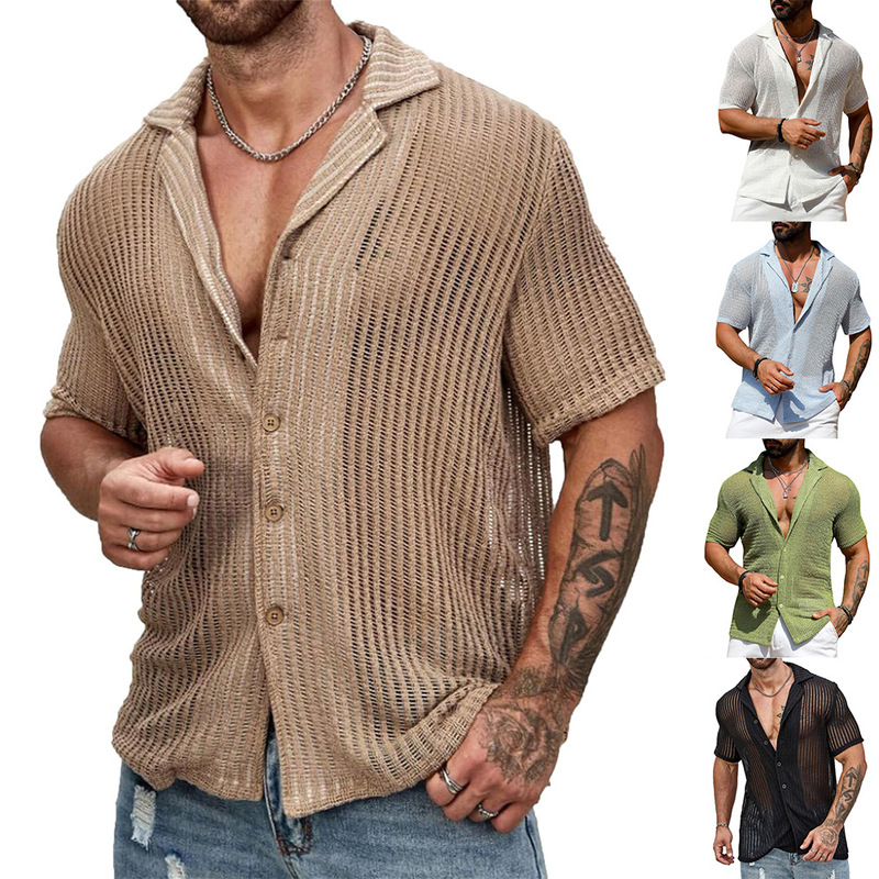 European and American men's summer cool shirt men's casual sweater hollow breathable short sleeve lapel fashion men's clothing