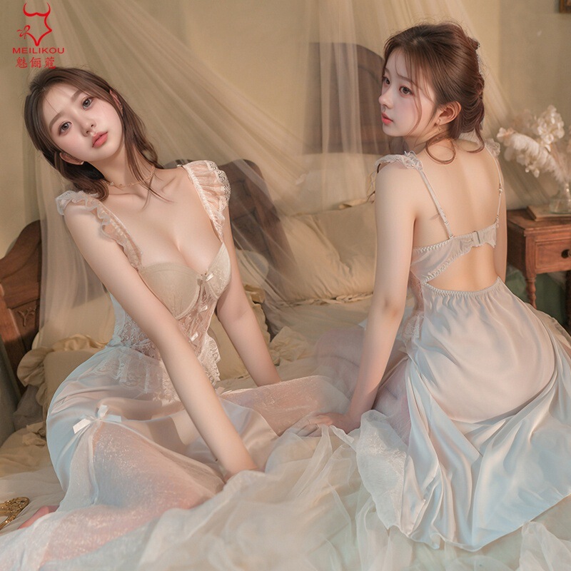 Sexy Underwear Steel Ring Gathered Perspective Nightdress Long French Robe Mesh Band Chest Pad Home Clothes Set 1950