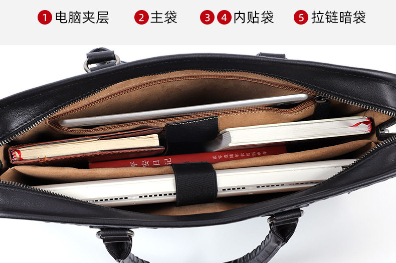 Túi công sở nam da bò lớp đầu đan sọc, cặp da thật đựng laptop 15,6 inch dung lượng lớn 40×13×29 cm — Lớp lót nỉ cao cấp màu đen chi tiết 10