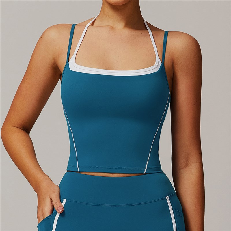 Transfronterizos europeos y americanos mujeres fitness set desnudo apertado al aire libre deportivo líneas de contraste de color casual sling shorts set