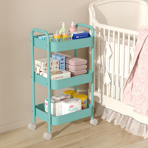 Small Cart Storage Shelf with Dual Handles, Wheeled Multi-tier Snack Rack, Portable Kitchen Floor Storage Stand