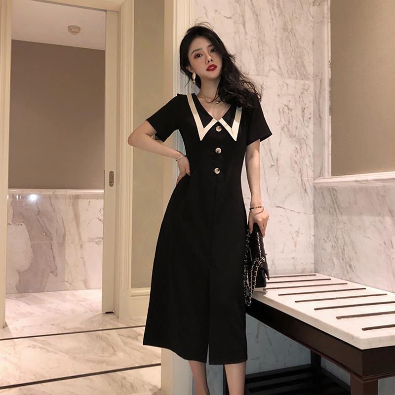 Doll collar slim skirt ladies French Hepburn style black dress female summer long skirt was thin and high temperament