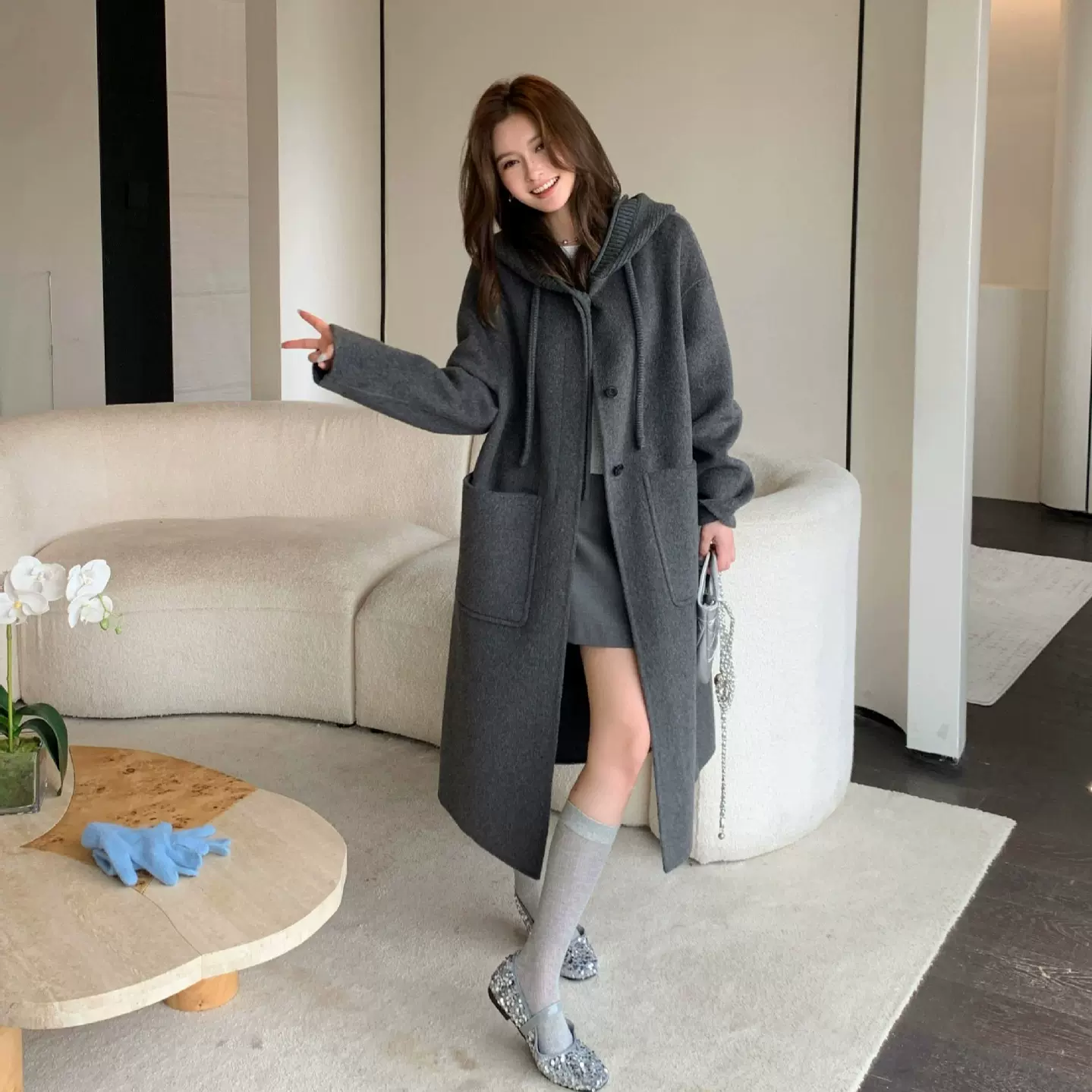 连帽双面羊绒大衣女2025秋冬新款高端大气连帽中长款宽松毛呢外套