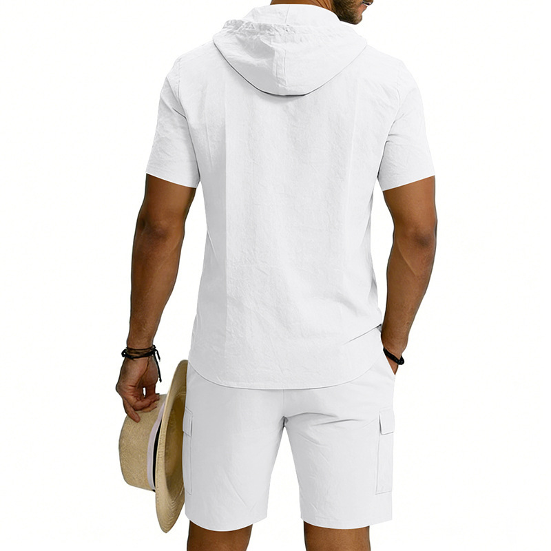 Men's Linen Hooded Short Sleeve Shirt With Workwear Shorts Set, Relaxed Fit Breathable Summer Outfit For Vacation And Casual Style_viptrois.com