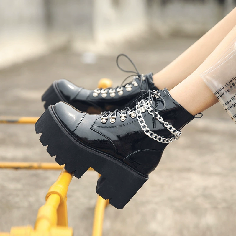Slope and thick-soled patent leather chain punk short boots female winter 34-43 yards