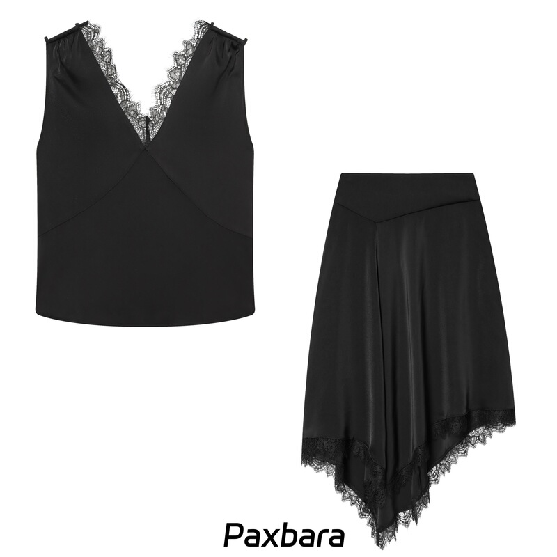 2026 European and American Style Spring Women's Clothing Black Lace-Trimmed Top + Irregular Black Skirt Two-Piece Set European and American Style