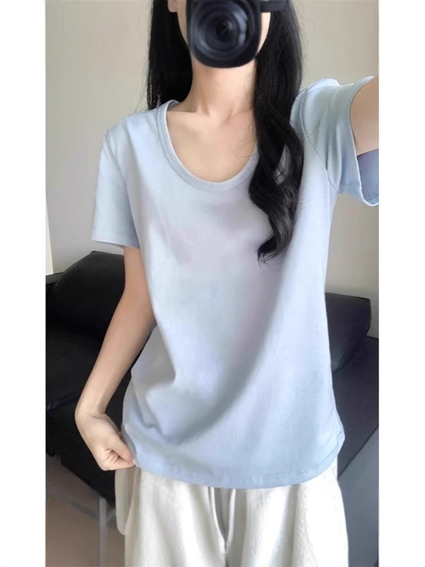 ピンクのU襟の幅の松の肩の半袖のtシャツの女性の夏の2025新型の怠惰なカジュアルな純色の半袖のtシャツの上着|undefined