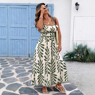 Amazon Tiktok Pinduoduo Foreign Trade Cross-Border European and American Plus Size Women's New Casual Printed Suspender Skirt