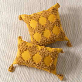 跨境专供印度风几何菱黄色簇绒刺绣流苏边抱枕套沙发靠垫套