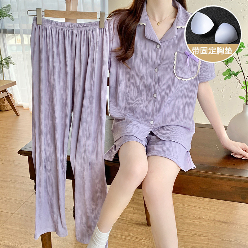 Taro púrpura gasa pijamas de verano de las mujeres de manga corta de algodón puro con almohadilla en el pecho de la primavera y el otoño de alto grado desgaste del hogar traje de tres piezas