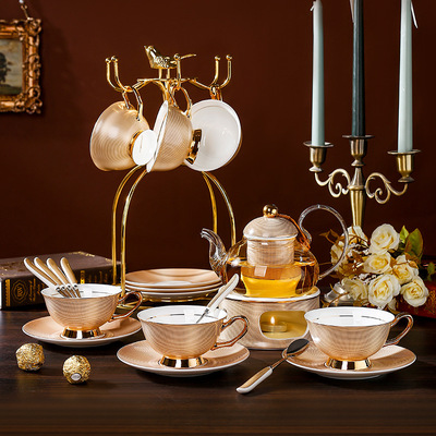 美道 歐式下午茶茶具套裝 客廳家用玻璃花茶壺蠟燭加熱骨瓷花茶杯