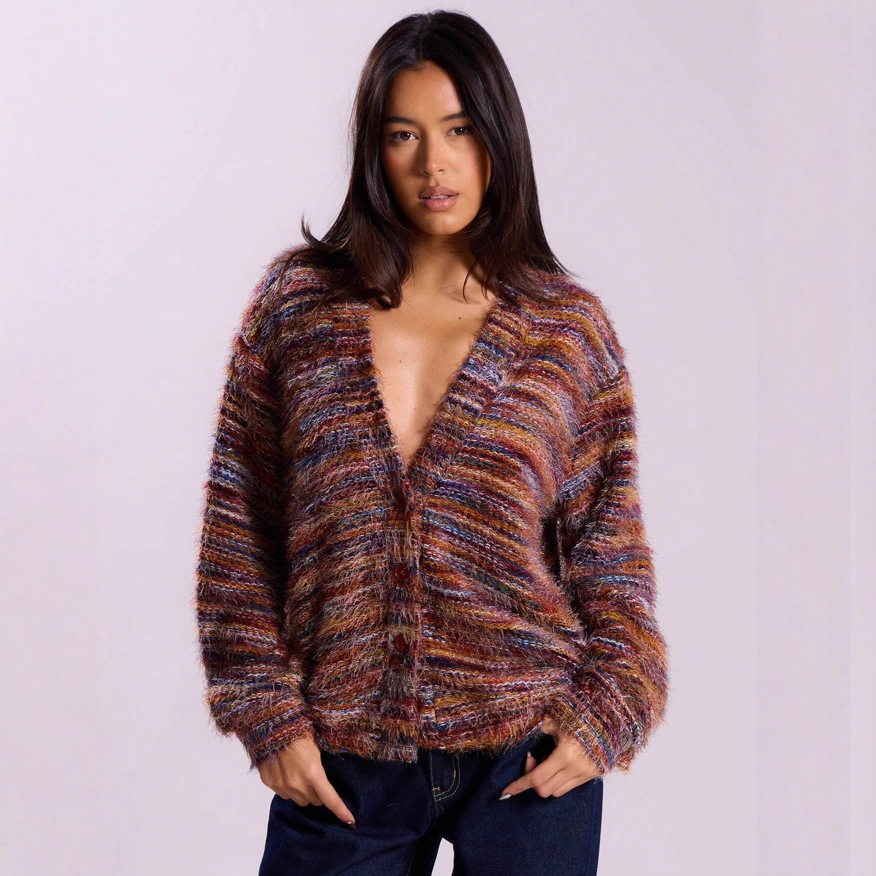 2026 Neuer Vintage-Stil: Melard Plüsch-Cardigan mit tiefem V-Ausschnitt und langen Ärmeln für den grenzüberschreitenden europäischen und amerikanischen Markt._voghion.com
