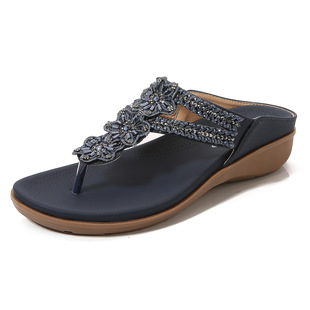 2025 summer new European and American vintage flowers beaded rhinestone fashion all-match soft and comfortable plus size sandals and slippers for women