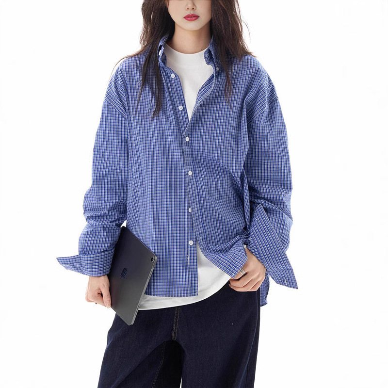 미국 레트로 블루 체크 셔츠 긴팔 남자와 여자의 감각 캐주얼 느슨한 올 매치 커플의 셔츠 재킷 트렌디