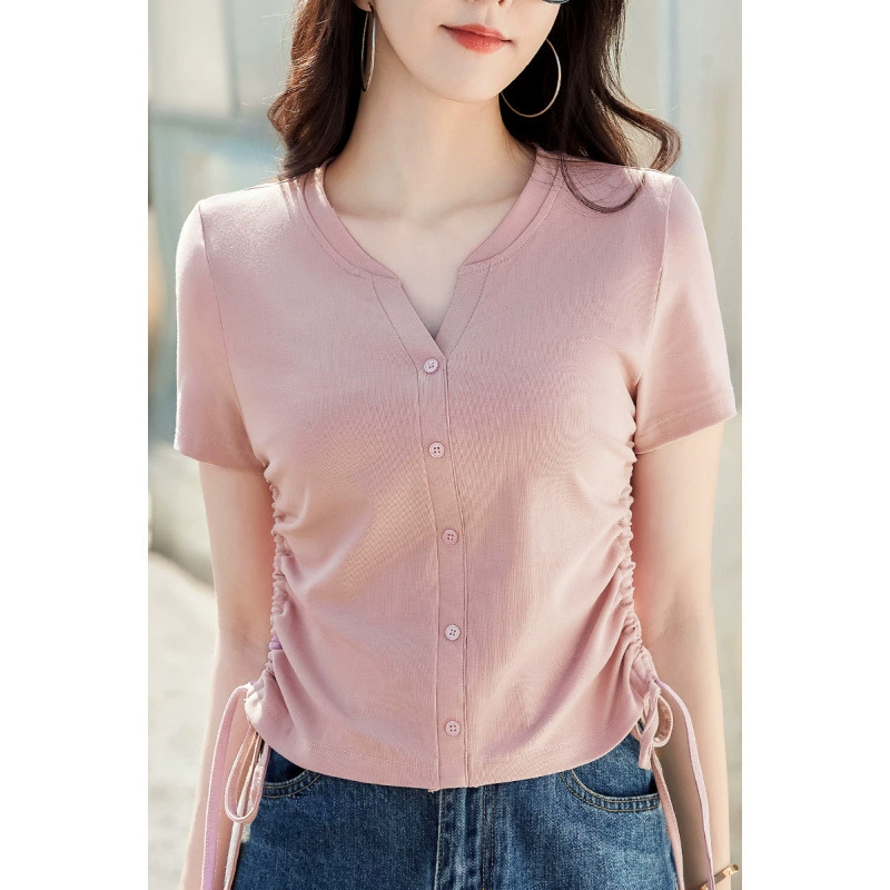 Женская рубашка с короткими рукавами из чистого хлопка/хлопка/хлопка/хлопка/хлопка/хлопка/хлопка/хлопка на правое плечо, лето 2025, новинка, плиссированная на шнурке, на пуговицах