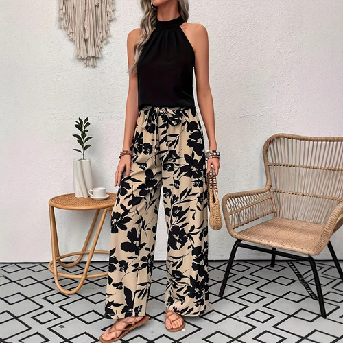2025 Summer European and American Style Popular Printed Wide-Leg Pants Women's Thin Loose-Fitting Elastic Waist Casual Long Pants Slimming