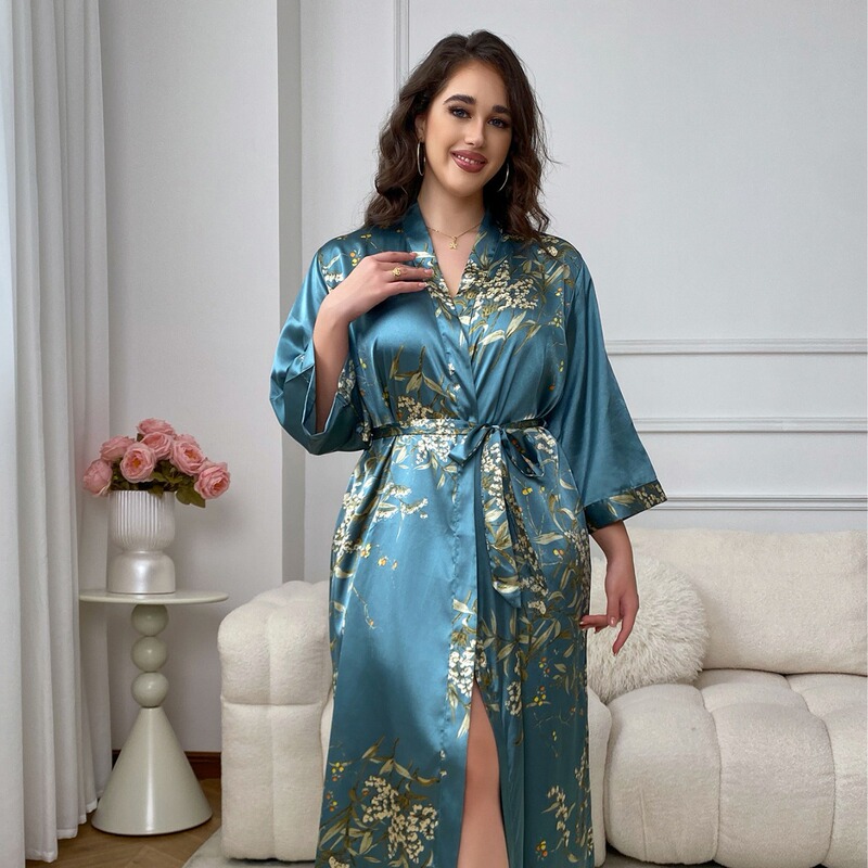 European and American Style Plus-Size Faux Silk Robe with Floral Print, Satin, Casual and Comfortable, Can Be Worn Outside, Loose-Fitting with a Tie