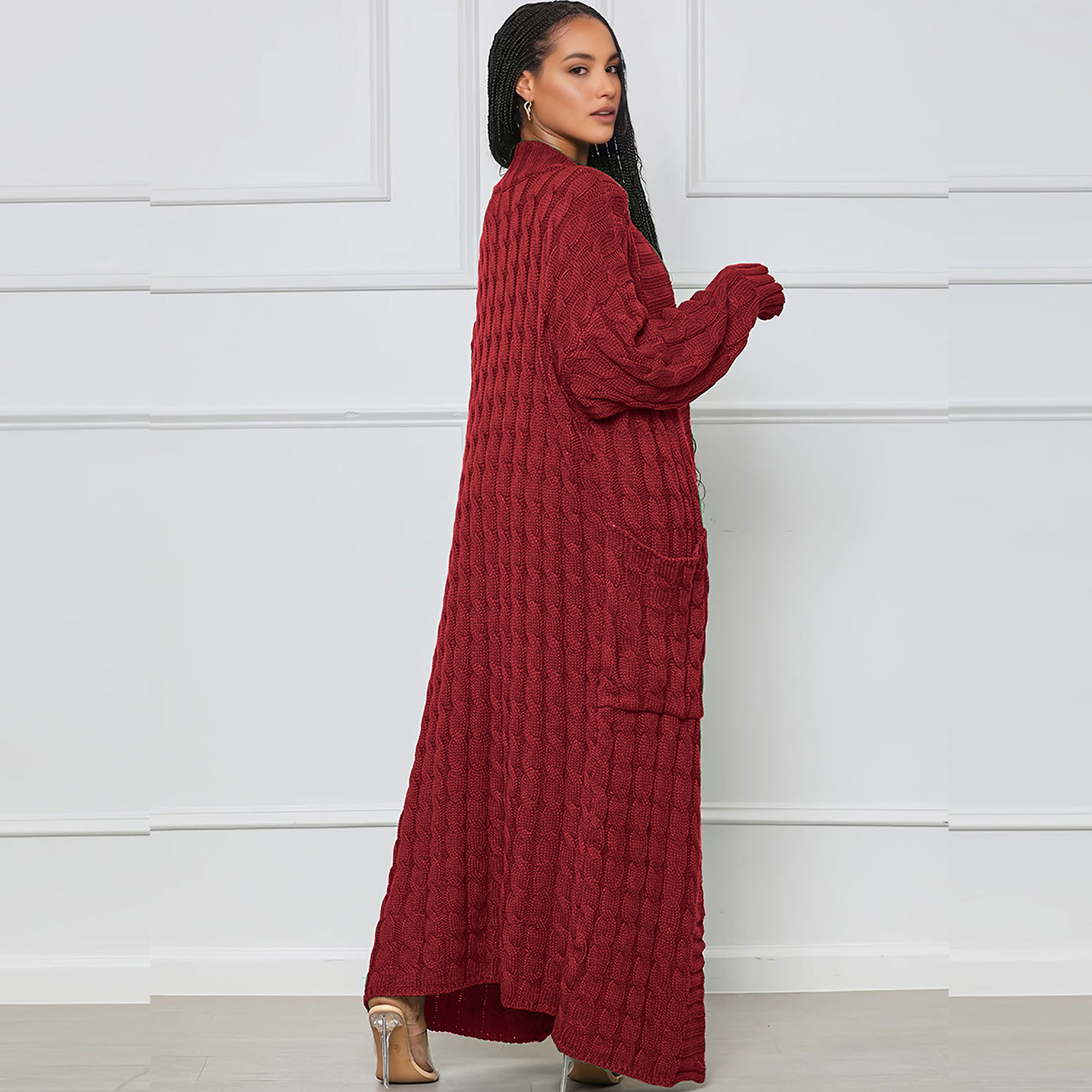 Damen Strickjacke Lang Aus Grobstrick In Unifarben Wintermantel_voghion.com
