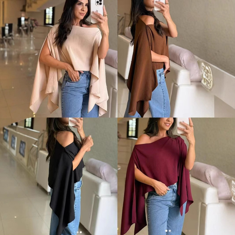 Cross-border 2025 Amazon European and American Foreign Trade Women's Casual Shoulder Loose Bat Sleeve Elegant Solid Color Top