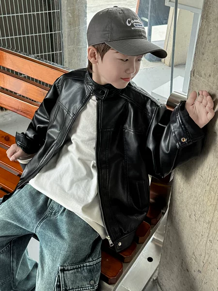 Children's Leather Jacket 2026 Spring and Autumn New Style Boys' Korean Version Versatile Solid Color Leather Jacket Girls' Motorcycle Coat