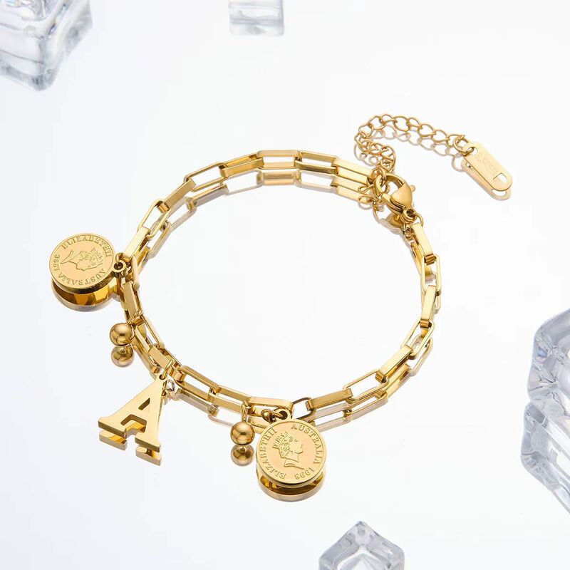 Cross-Border Non-Fading Trendy Titanium Steel Hip-Hop Queen Coin Bracelet with 26 Letters, Popular Minimalist Style Wholesale