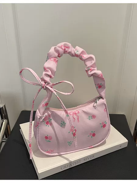 Korean Style Sweet Underarm Bag for Women 2026 New Model Bowknot Floral Handbag Niche Drawstring Versatile Shoulder Bag