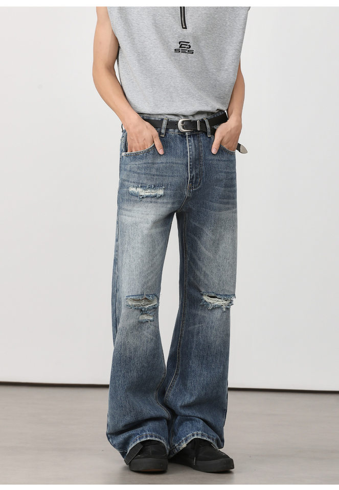 Quần jean nam ống loe nhẹ rách gối phong cách retro, dáng rộng ống suông tôn dáng, quần dài casual — Xanh nhạt, Xanh đậm chi tiết 11