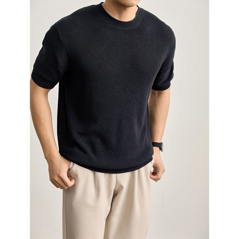Camisa de punto de manga corta hombre cuello redondo hueco seda de hielo transpirable verano viejo estilo de negocios de color sólido en la fábrica transfronteriza al por mayor