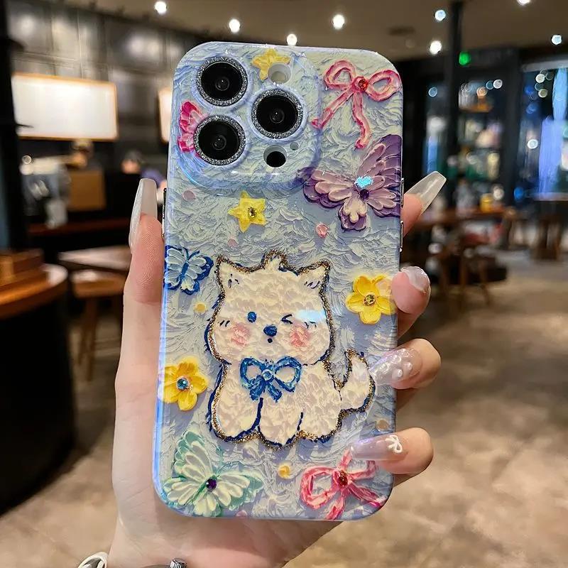 Blue Light Oil Painting Puppy Suitable for Iphone15Pro Mobile Phone Case 13 Apple 16Max Dot Diamond 14Plus Protective Cover