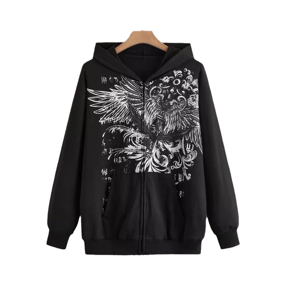 Felpa con cappuccio con cerniera, stampata con motivo animalier, comoda, casual e ampia, in stile americano_voghion.com