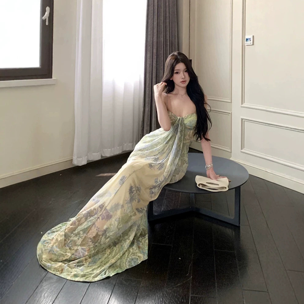 Hainan Sanya Seaside Vacation Pure Desire Long Dress French Style Green Print Tie-Dye Strapless Halter Dress for Women Floor-Length
