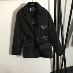 25秋冬新款胸前logo胶皮三角标腰带收腰翻领长袖面包服 棉服外套