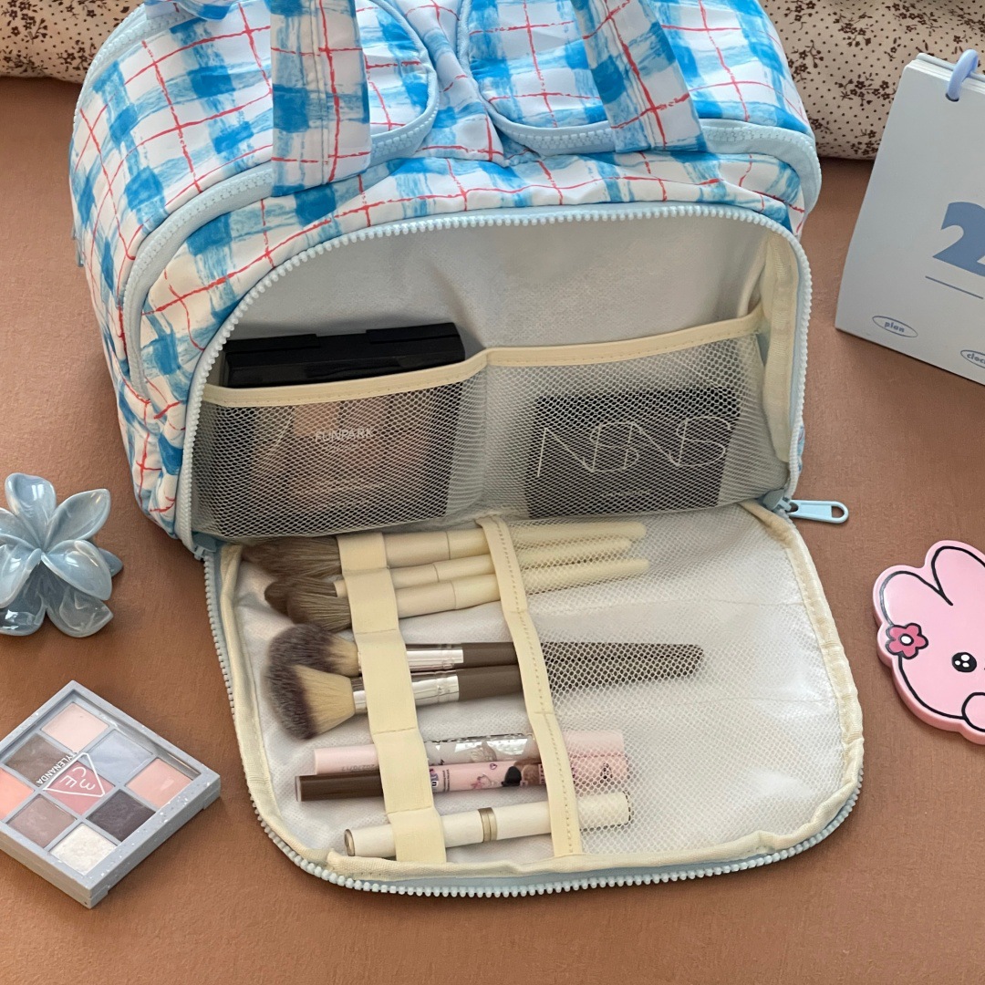 Nueva bolsa de maquillaje de gran capacidad de viaje bolsa de lavado portátil de gran capacidad de apertura amplia bolsa de almacenamiento de partición portátil