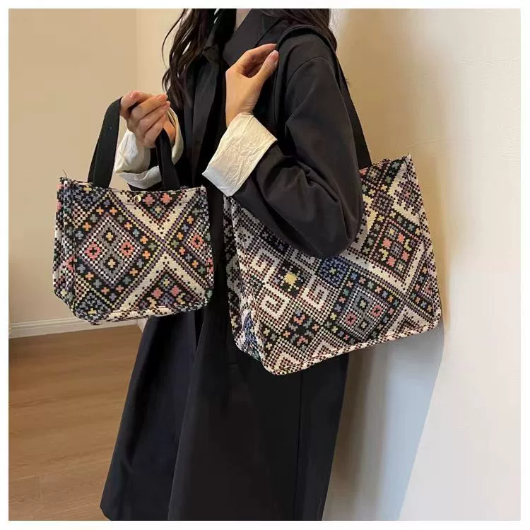 Capacious ethnic one-shoulder bag for students - woven geometric pattern, adjustable strap, blue