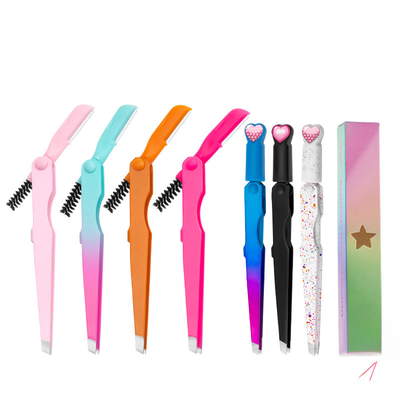 New multifunctional eyebrow trimming tool stainless steel eyebrow trimming knife folding eyebrow clip eyebrow brush eyelash clip tweezers a generation of hair