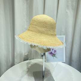 明星同款拉菲草草帽子女夏时尚亮片水钻渔夫帽度假出游沙滩遮阳帽